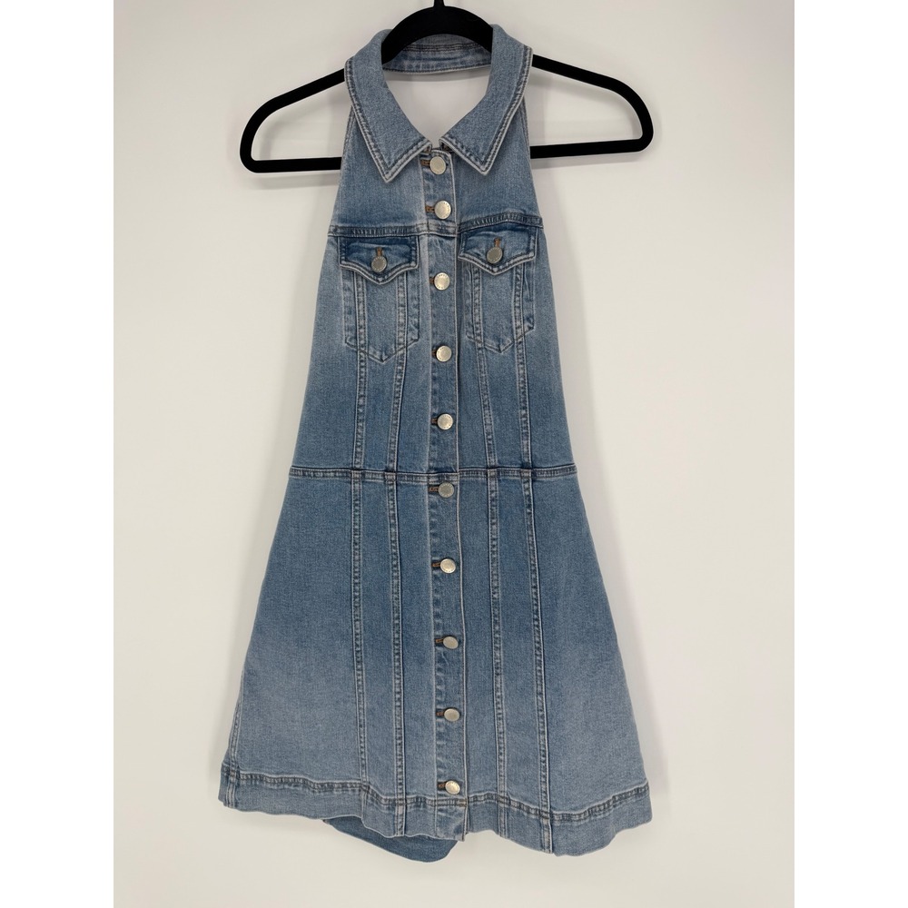 ALICE + OLIVIA JEANS KENDALL DENIM HALTER MINI DRESS SIZE 10 IVY BLUE CHIC RETRO